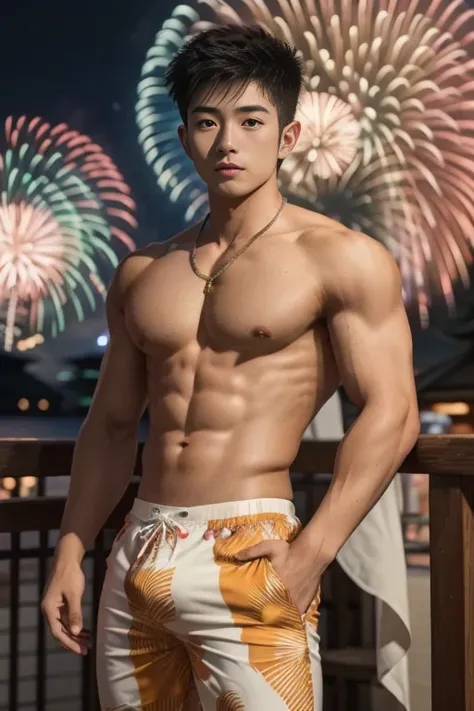  top quality ,masterpiece,Festival Night, fireworks, Japanese Teenage Male Wearing a Yagasuri Patterned Yukata, Thin Macho Adult Body , Bikini Pants Seen from the Open Hem , large bulge , realism