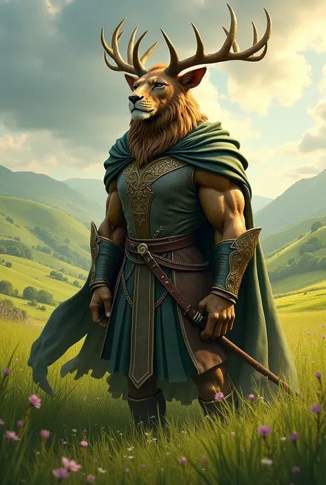 A hybrid animal head and human body wearing medieval clothing on a green pasture