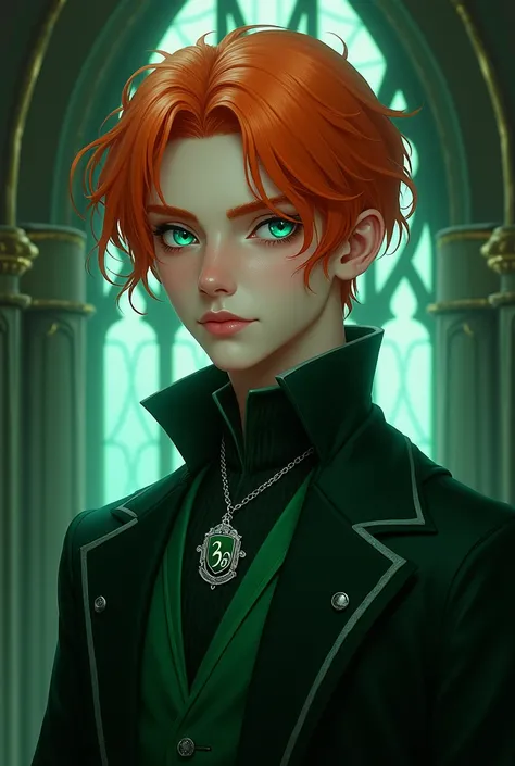  Create a male character with delicate features of orange hair, with a light blue eye and a light green eye , wearing the uniform of Slytherin  