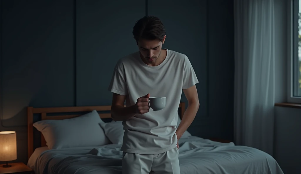 Dark morning ,a young man wake up and smell the coffee, wearing white T-shirt and white long pants, realistic style, realism