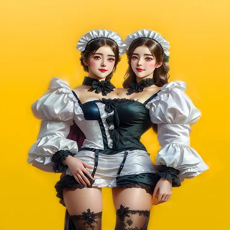 two women in disguise posing for a photo on a yellow background, maid outfit, french maid,  work of art in the style of Guweiz, maid costume, maid, realistic art style, trending on cgstation, maid dress, wearing maid uniform, gorgeous maid, Made with Photo...