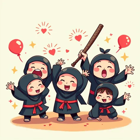  cartoon style with characters with big heads is Kawaii, What transmits cuteness and sympathy , of ninjas laughing and posing .