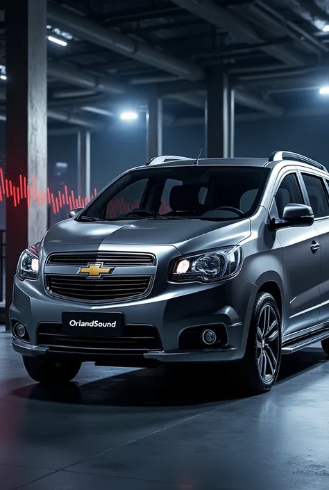 Chevrolet Orlando 2014 tuning background with speakers and that the car is gray and contains the word ORLANDSOUND