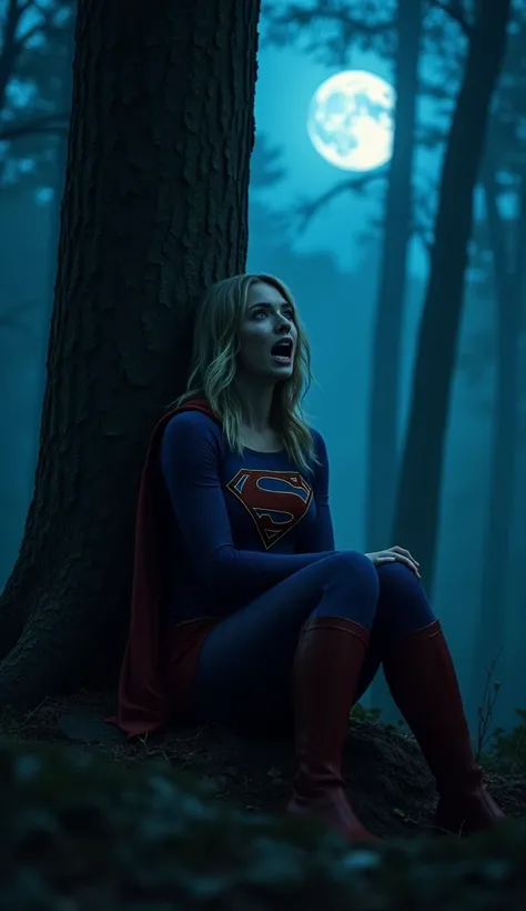 "Create a detailed and emotional image of Supergirl sitting against a tall, shadowy tree in a dark, misty forest at night. Her posture shows tension as she leans slightly forward, her eyes wide open in shock and fear, and her mouth slightly agape as if she...