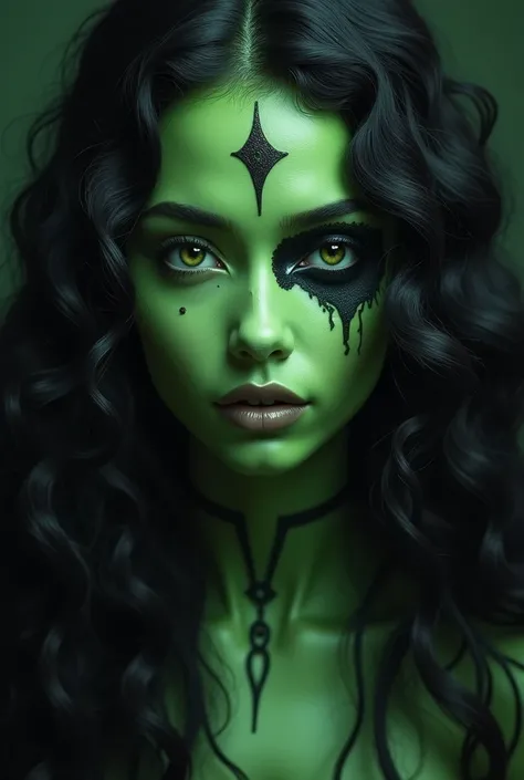  a woman with a green skin color , long black curly hair ,  with a black feature under her eye 