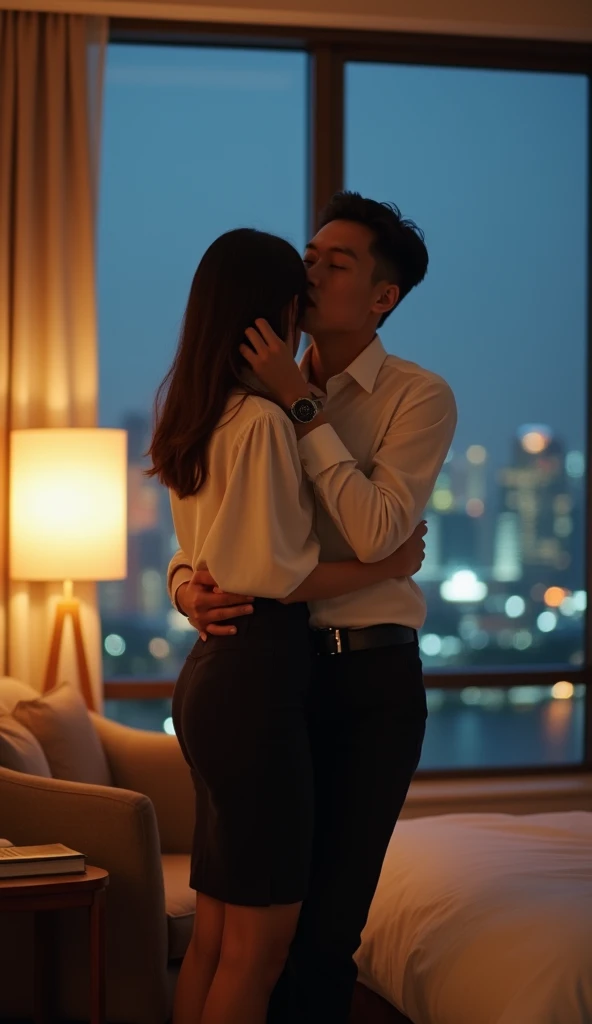 ((A room in a city hotel)),  2 Japanese, ,(( night view)), (( simple)),(( white blouse and dark blue tight skirt )), (( career woman)), A shy 30-year-old handsome man is hugging her、 lovingly staring at a woman in a city hotel , Girl staring at a man ,  to...