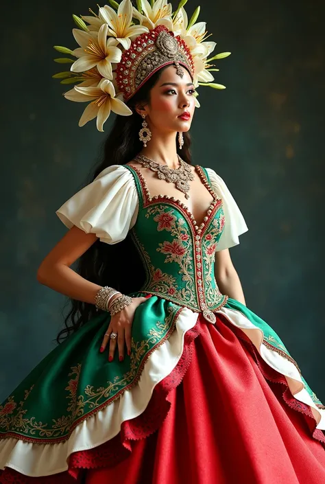 National costume for pageant rappresenting Italy without using only white colours or Lily as the simbol. She should have a lot of lilies and a Russian kokoshnik