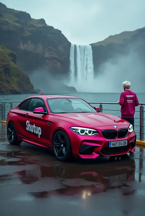 A BMW 1 series e812 red pink metallic doors with the Shutup logo on the car . It is located on a yacht ,  there is a storm and it is raining with an impressive landscape with waterfalls and volcanoes,  is also a 25-year-old boy with his hair dyed white on ...