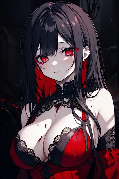 a beautiful female serial killer, intricate detailed face, piercing eyes, cruel smile, blood spatter, blood rain, dramatic lighting, tattered crimson dress emphasizing cleavage, cinematic composition, gothic horror, dark fantasy, moody colors, chiaroscuro,...