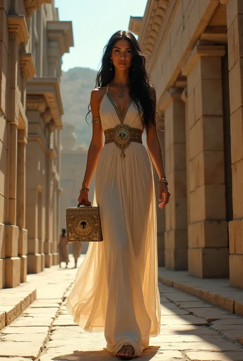 pandora,  tall beautiful woman , beautiful body, with long dark hair, Dressed in the logo Greek goddess ,  walking the streets of ancient Greece alone, Loading box