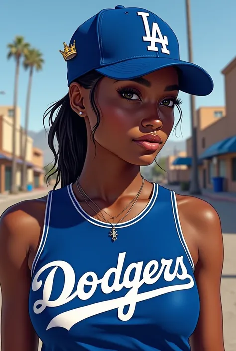 Hot Ponytail Black girl in her Blue Los Angeles Dodgers tanktop with royal crown on her Blue Los Angeles Dodgers Baseball Cap