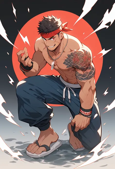 Anime characters: muscular men, shirtless, tattooed, hairy, black hair, evil face, red eyes,sports pants, perfect feet,big feet, flip flops, standing, power pose,sport bracelet, fighter, full body, smiling, red head bandana, scars,full of details, silver n...