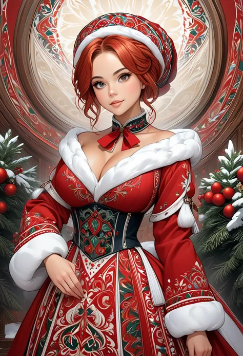 "A young, elegant woman envisioned as a youthful and cheerful Mrs. Claus, blending features of Nathalie Emmanuel and Chloe Bennet. She has vibrant auburn hair styled beautifully and exudes joy, elegance, and festive warmth. cleavage. soft pillowy breasts. ...