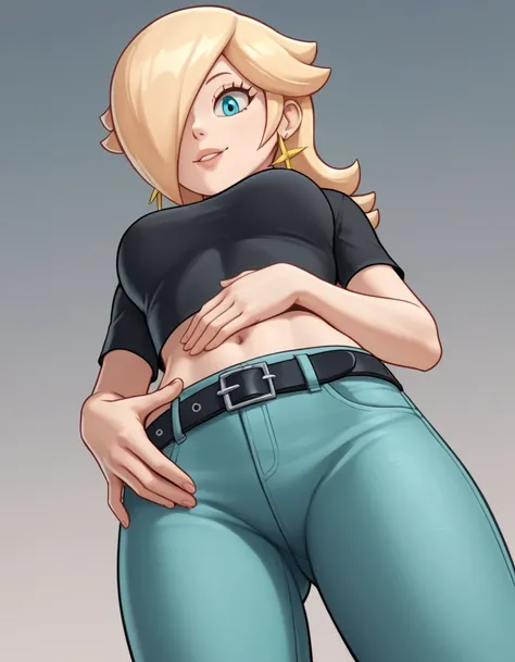 score_9, score_8_up, score_7_up, source_anime, rosalina, blonde hair, blue eyes, hair over one eye, long hair, star earrings, solo, cowboy shot, black t-shirt, taut clothes, tight shirt, midriff, navel, jeans, black belt, smile, looking down, hands on own ...