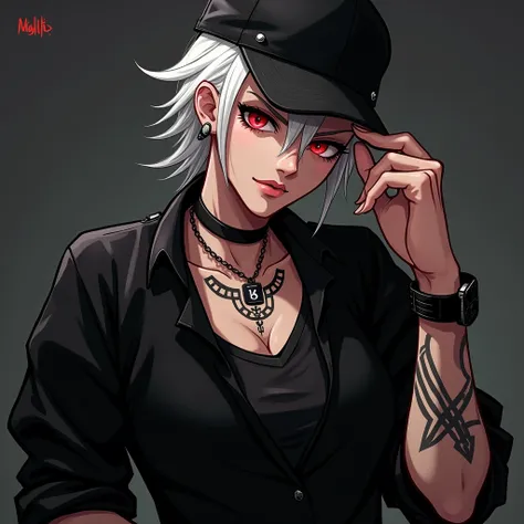 White hair cap back delinquent style black watch on the arm red eyes Neck tattoo with the name there 2D character dressed in black 