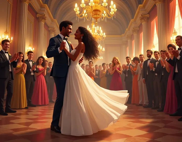  Generate a perfect photo of a mulatto-skinned bride dancing with her white fiancé, both happy at their party and surrounded by guests enchanted by their dance ,  this photo must be in a ballroom of an enchanting and very realistic castle with a resolution...