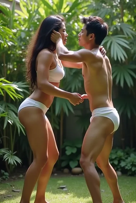 An Indonesian woman is wearing white sports bra, white brief, and barefooted. The woman has a tall, huge and muscular figure. A Korean man is shirtless, wearing white brief, and barefooted. The man has a short and skinny figure. The man is pushing the woma...