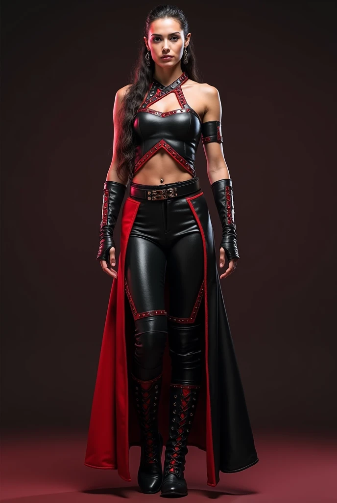  WWE wrestler outfit :Clothing description:
 Top
Top :  A black leather top , adjusted to the body,  with red details .  The top has asymmetric cutouts that reveal details in red fabric underneath ,  creating a bold and modern look .

decoration:  Red meta...