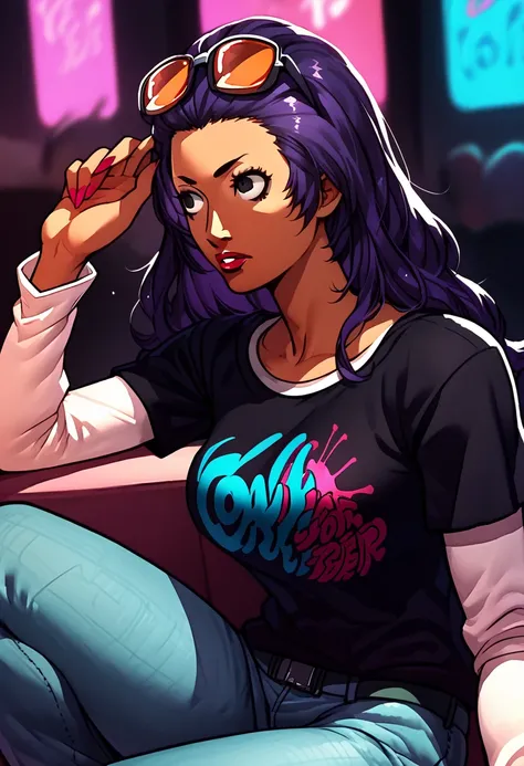 1 girl, sunglasses on head, lipstick, black t-shirt, clothes writing, layered sleeves, large breasts, jeans, Anne Maria, black eyes, purple hair, tanned skin