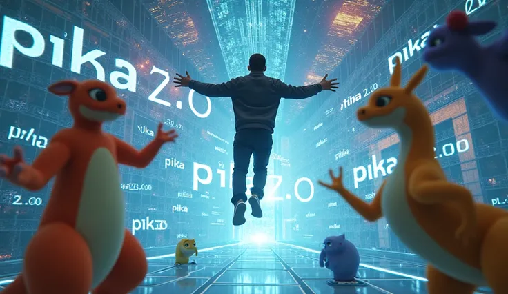 A man soars through the digital realm as the camera revolves around him. The text "PIKA 2.0" is prominently displayed everywhere. Pik, Charizard, Aang, and Son Goku past him, extending their greetings.