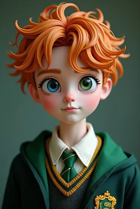  Create a male character with delicate features , white-skinned and with one blue and one green eye ,  with voluminous and slightly curly light orange hair,  wearing the Harry Potter uniform from the Slytherin house  