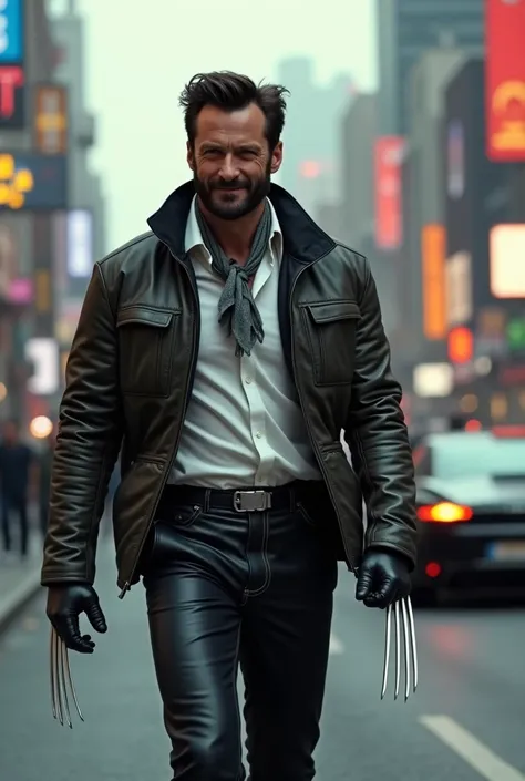 Wolverine, Hugh Jackman, Logan, in a jacket and a white shirt, in dark leather trousers, with a neckerchief under his shirt, walks down the street of a futuristic cyberpunk city. A slight smile. There are fantastic cars around, aliens walking, drones flyin...