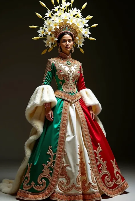 National costume for pageant rappresenting Italy using Lily as the simbol. She should have a lot of lilies and a Russian kokoshnik