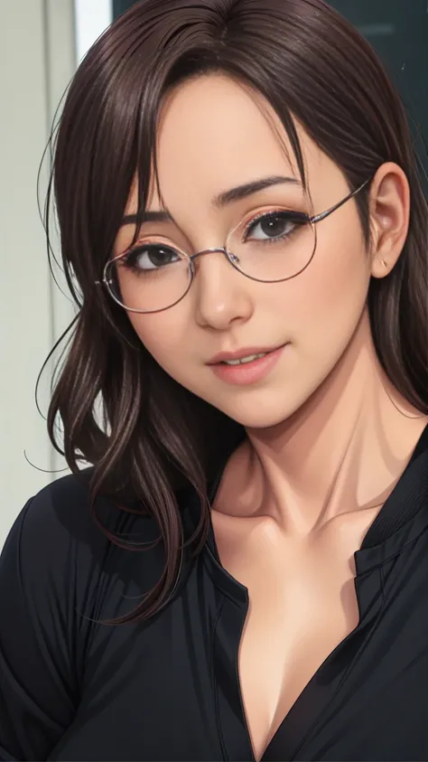 Young woman,Masami Asakura, stepsister, glasses, slightly sassy expression, a bit cheeky, youthful vibe, school uniform, black short hair, smile, subtle provocation, cute face, personalized glasses, high school background, lively atmosphere::1.5