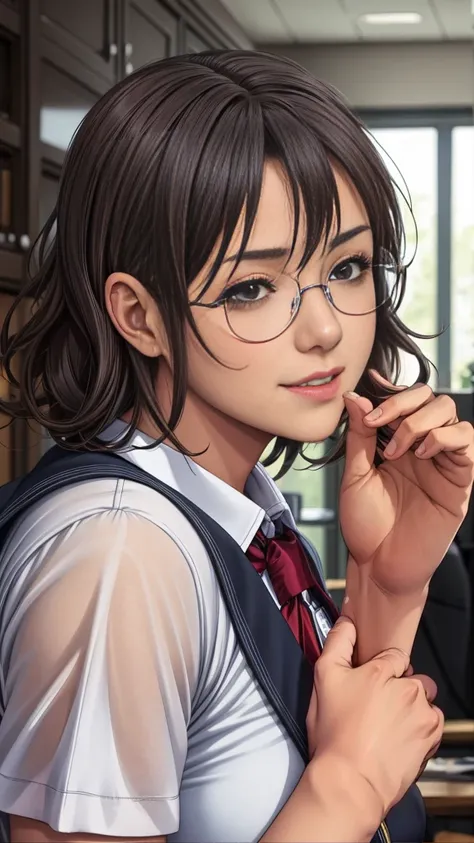 Young woman,Masami Asakura, stepsister, glasses, slightly sassy expression, a bit cheeky, youthful vibe, school uniform, black short hair, smile, subtle provocation, cute face, personalized glasses, high school background, lively atmosphere::1.5