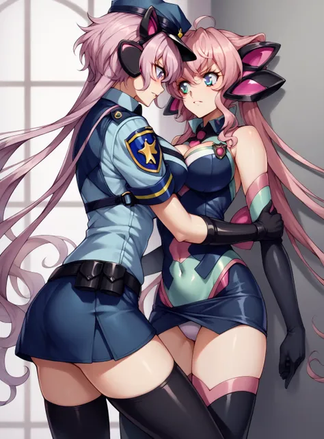 (2 girls, couple, yuri, in the pub),(miniskirt black police uniform:2.0), YukineChris,long hair, purple eyes, twintails, ahoge, large breasts, thighhighs, gloves, headgear, elbow gloves, leotard, covered navel, Maria cadenzavna eve, long hair, pink hair,  ...