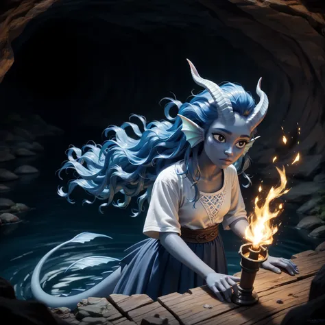 ( Cedar grows in the cave ), (1Тiefling ,  dark blue-gray skin :1.7), ( very thick long tiefling dragon tail:1.5), ( long dark black and blue flowing hair:1.4), (a white canvas shirt ) , ( bright pigmentation on the face:1.5), (((blue-black freckles ))) , ...