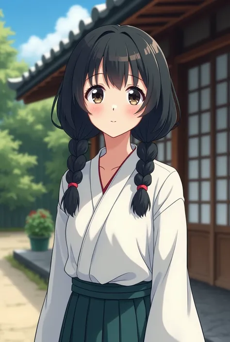 A teenage Japanese girl, in a similar style of Aoi from demon slayer, pig tails, black hair, alabaster skin, and most important very petite. She’s standing outside a 1660s Japanese home wearing a traditional everyday blouse Japanese women would wear and sh...