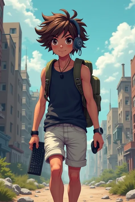 Create an image featuring a male character , 24 year old, moreno,  short curly hair, with a black tank top and white shorts ,  a headset and a backpack in a post-apocalyptic scenario,  carrying a computer keyboard and a mouse in her hand , not pixel art st...