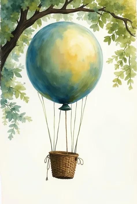 depict depict a balloon with a basket made of a soap bubble, depict its fragility in front of the outside world, it flies and is about to run into tree branches that are approaching from all sides the picture is painted with water-based watercolors in a we...