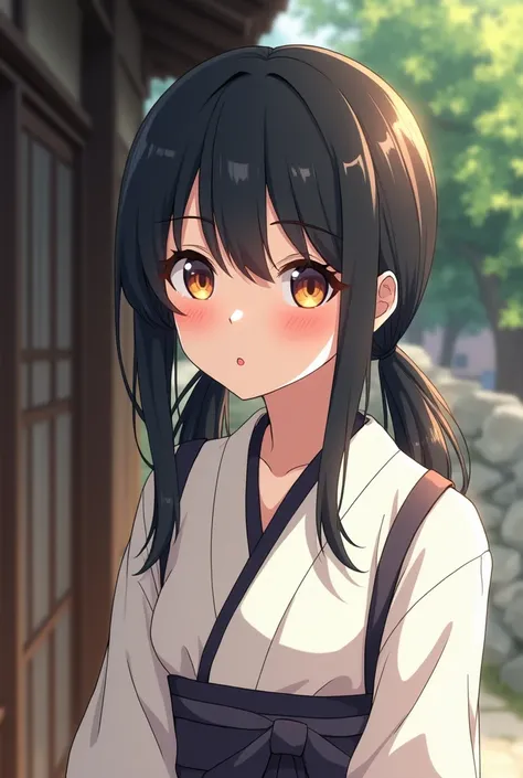 A teenage Japanese girl, in a similar style of Aoi from demon slayer, pig tails, black hair, alabaster skin, and most important very petite. She’s standing outside a 1660s Japanese home wearing a traditional everyday blouse Japanese women would wear and sh...