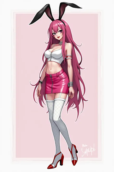 Female character with long dark pink hair with black bunny ears, red lipstick, dark eyes, white cropped top with red details showing belly, hot pink leather skirt with white details, white plaid tights, red heels 