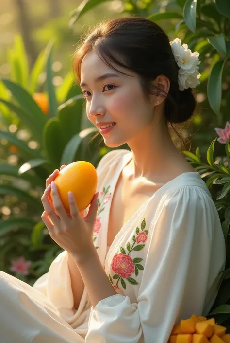 Create an image of a woman wearing a white blouse with flower embroidery eating mango