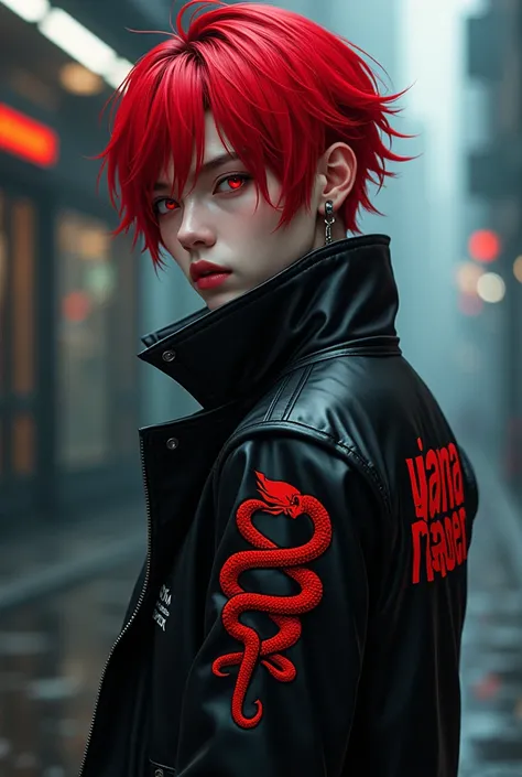 Cool wibu hd guy picture turned backwards
Wearing a jacket with an inscription "yana roamer " 
Red hair 
White skin 
Red color snake decor
Red eyes