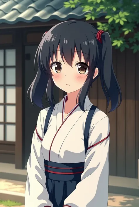 A teenage Japanese girl, in a similar style of Aoi from demon slayer, pig tails, black hair, alabaster skin, and most important very petite. She’s standing outside a 1660s Japanese home wearing a traditional everyday blouse Japanese women would wear and sh...