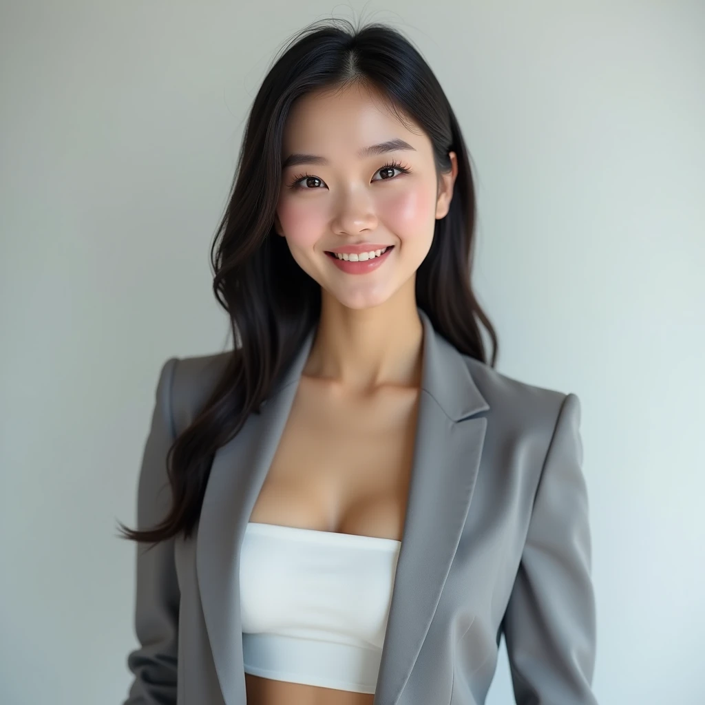 (Photorealistic 8K RAW) sexy linkedin profile photo. Side facing camera chest out shoulders back pose. 18y beautiful China women with a 14y face. Big double lid big eyes. Long and extremely thick fake upper eyelashes on upper eye lid. Extremely Prominent h...