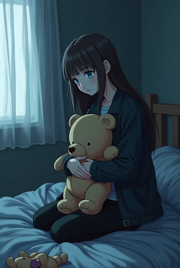  you can make an 18-year-old girl ,  white skin ,  dark brown hair length to the waist,  sky blue eyes, light blue flannel ,  black jacket ,  black pants ,That she is sitting on her bed and hugging her teddy bear ,  tightly that he is in his room and the a...