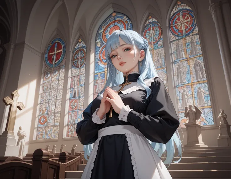  Light Blue Long Hair 、, a girl with a twin-tail hairstyle 、Sisters in black and white costumes、 closeup 、 a bright church with beautiful stained glass、There is a statue of Mary in the center 、 beautiful sisters praying 