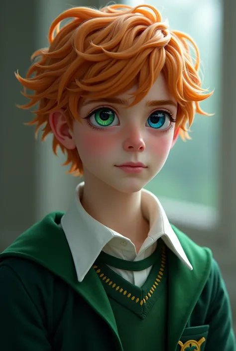  Create a male character with delicate features , white-skinned and with one blue and one green eye ,  with voluminous and slightly curly light orange hair,  wearing the Harry Potter uniform from the Slytherin house , looking a bit bleak and looking somewh...