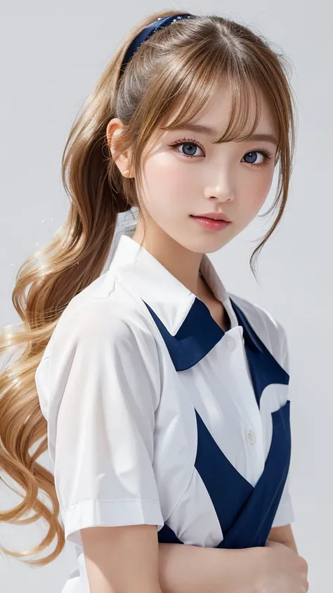 (((high ponytail:1.0、school uniform)))、Curly Hair、Blonde Hair:2.0、forward hands、gyaru:1.2、forehead、round face:2.0、cowboy shot:2.0、upper body:2.0、Extreme pose、Waist-length hair、Northern Europe:1.0、beautiful girl、White background、cute、Young、True Face、Shiny H...