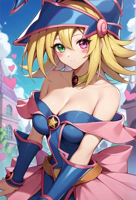 score_9_up, score_8_up, score_7_up,score_6_up, score_5_up, score_4_up , 1girl, solo, heterochromia, dark magician girl, blonde hair, choker, green eyes, long hair, blush, blush stickers,, bare shoulders, blush, blush stickers, cleavage, collarbone, duel mo...