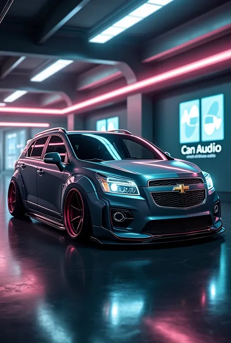 Chevrolet Orlando 2014 tuning background with speakers and that the car is dark gray and contains the words ORLANDSOUND CAR AUDIO in large futuristic