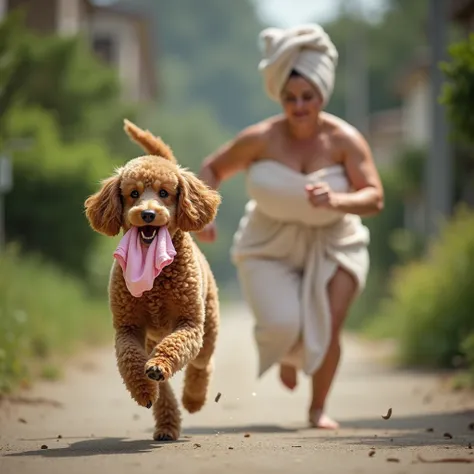  photorealistic ， Ultra High Definition ， highest quality， best quality ，8k，RAW photos， body， HB Ultra-high resolution , Create a poodle dog running away with a womans panties in her mouth and behind the poodle a chubby woman wrapped in a bath towel runs a...