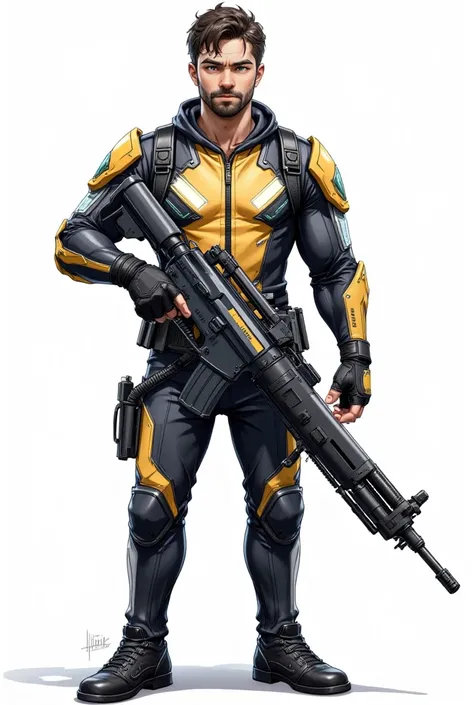 A stunning digital illustration of a 30-year-old man wearing a futuristic PUBG X-Suit, holding a massive machine gun effortlessly in one hand. The character stands in a confident pose, his body facing directly forward, while his intense gaze is directed at...