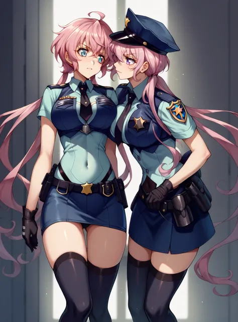 (2 girls, couple, yuri, in the pub),(miniskirt black police uniform:2.0), YukineChris,long hair, purple eyes, twintails, ahoge, large breasts, thighhighs, gloves, covered navel, Maria cadenzavna eve, long hair, pink hair,  breasts,  blue eyes, covered nave...