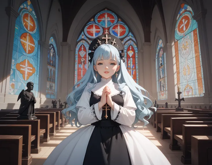  Light Blue Long Hair 、, a girl with a twin-tail hairstyle 、Sisters in black and white costumes、 closeup 、 a bright church with beautiful stained glass、There is a statue of Mary in the center 、 beautiful sisters praying 